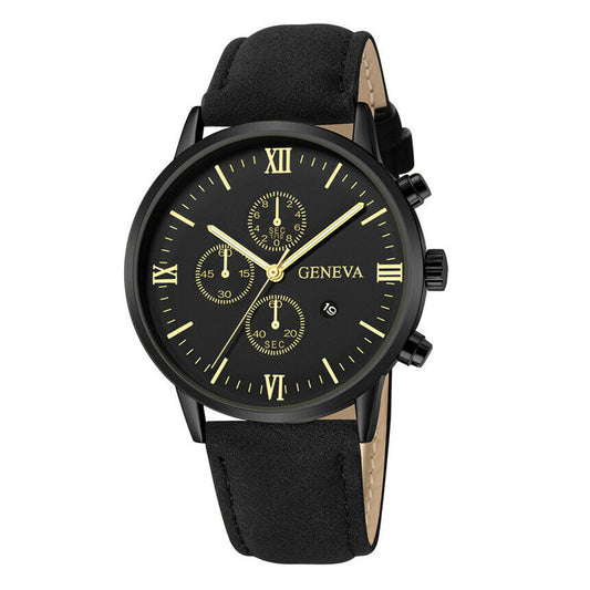 Geneva montre analogique homme Date acier inoxydable bracelet en cuir synthétique