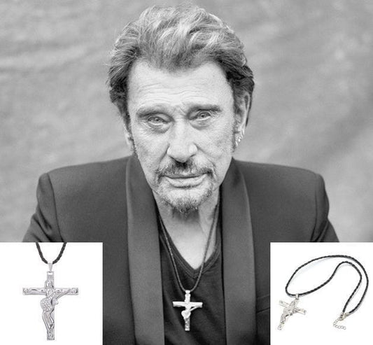 JOHNNY HALLYDAY PENDENTIF CROIX & GUITARE 6x4 cm L'ORIGINAL! Couleur Argent