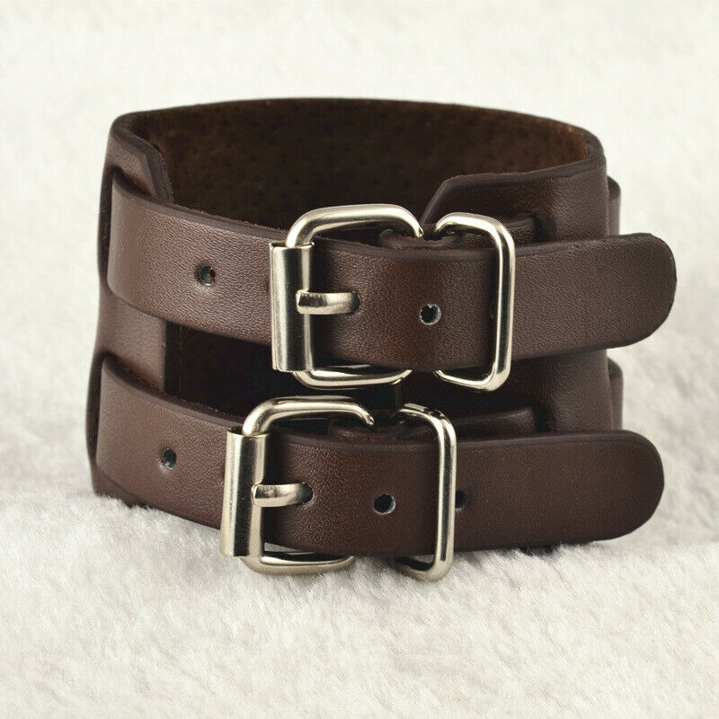 Bracelet De Force Vrai Cuir Double Rivet Marron Leather Brown Johnny Depp Style