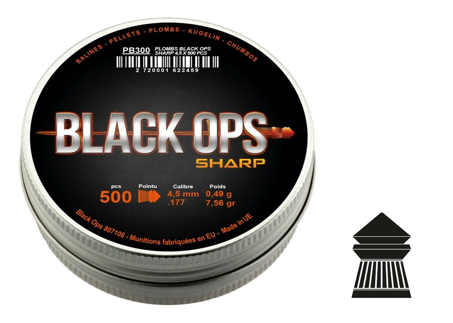 BOÎTE DE 500 PLOMBS BLACK OPS SHARP À TÊTE POINTUE CAL. 4.5 MM 0.49gr