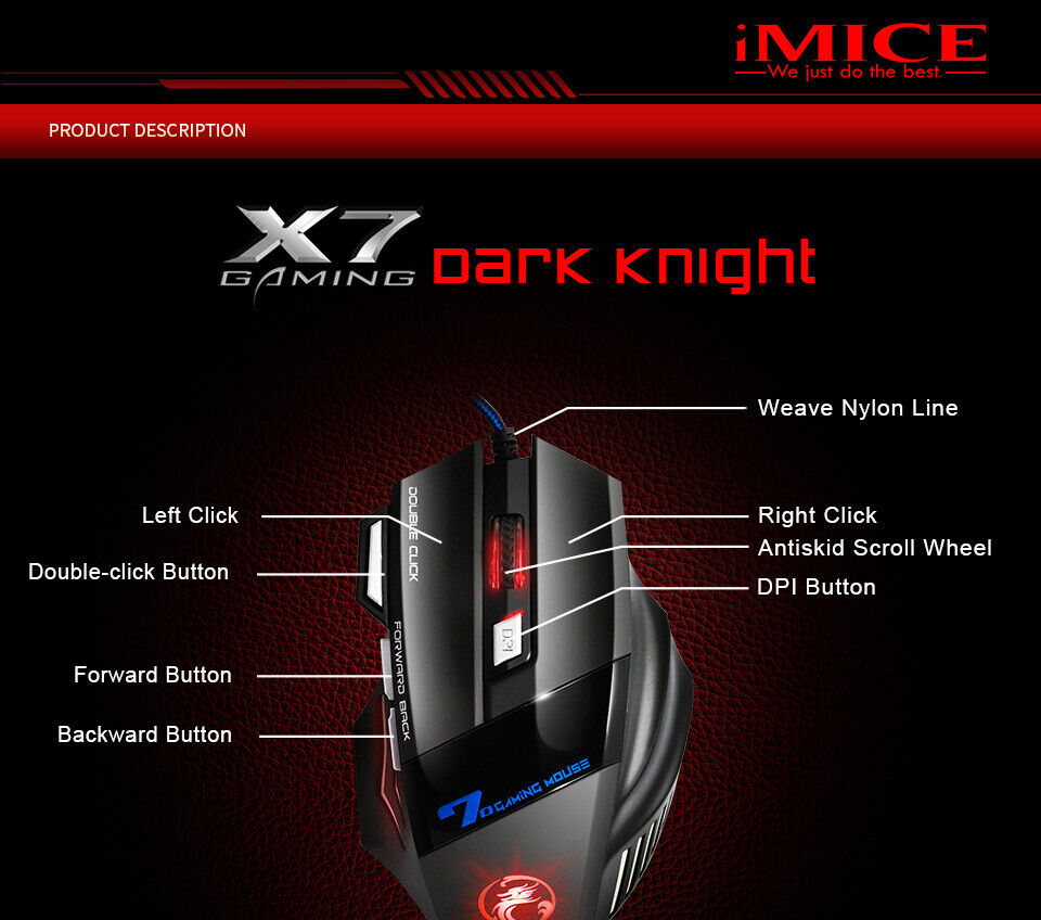 X7 IMice Souris Silencieuse Gamer Filaire Ergonomique 7 boutons LED 5500 DPI