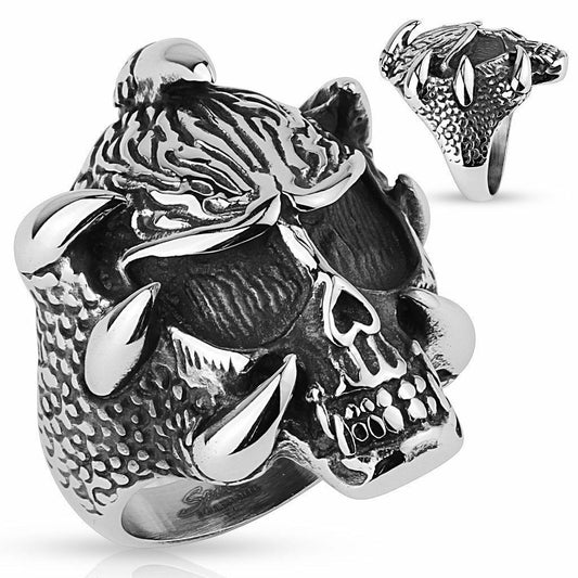 Bague Chevalière Crâne Dragon Griffes Tête de Mort Taille 10